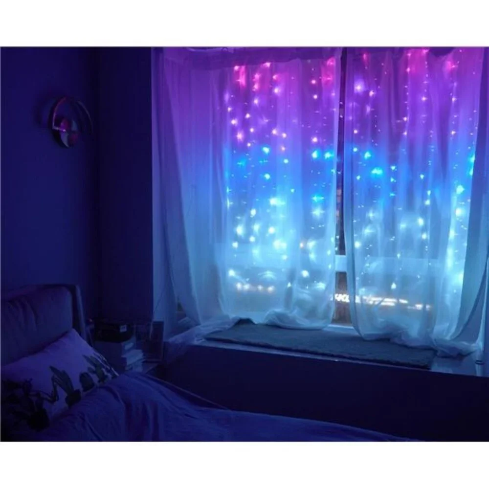 Pink Purple Blue Ombre Curtain Fairy Lights Remote LED String Lights Girls Room